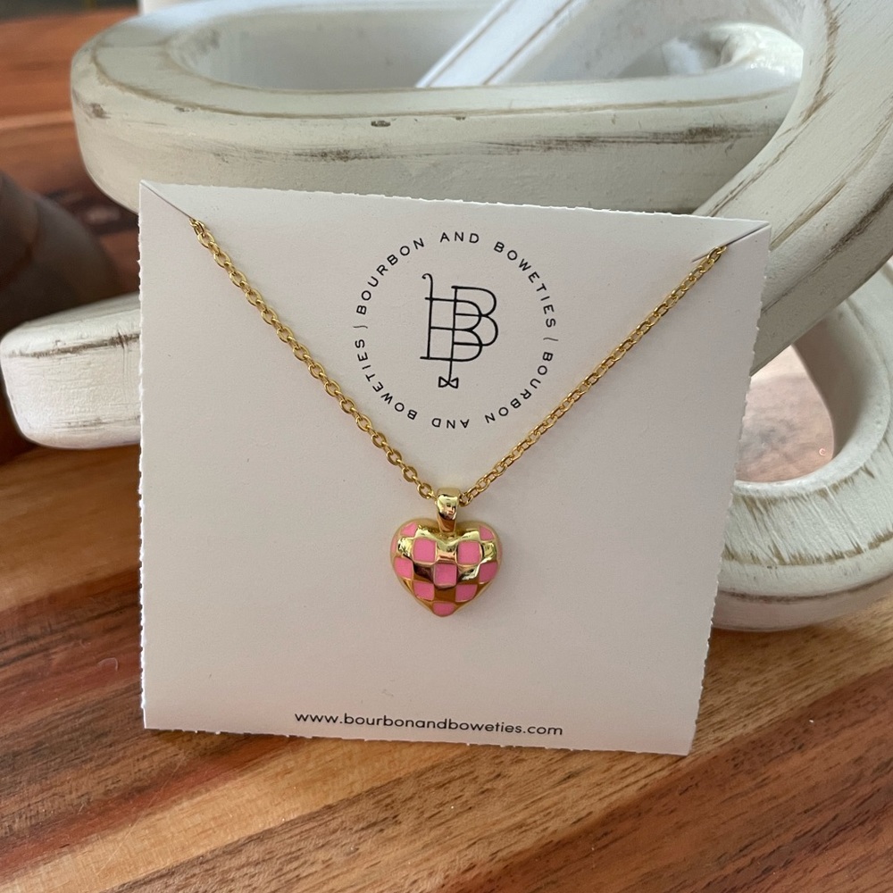 Pink Checkered Heart Necklace by Bourbon & Boweties